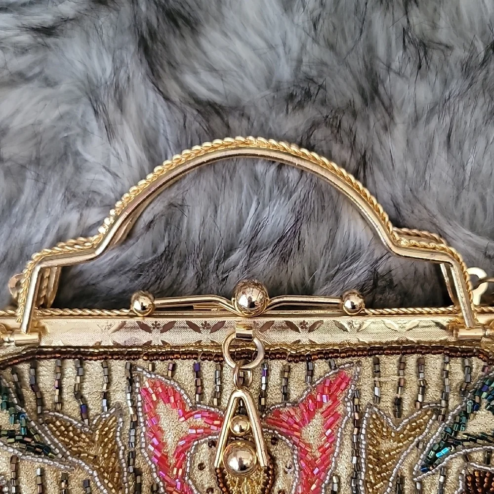 Gold and Multicolor Beaded  Women's Clutch With Crossbody Chain